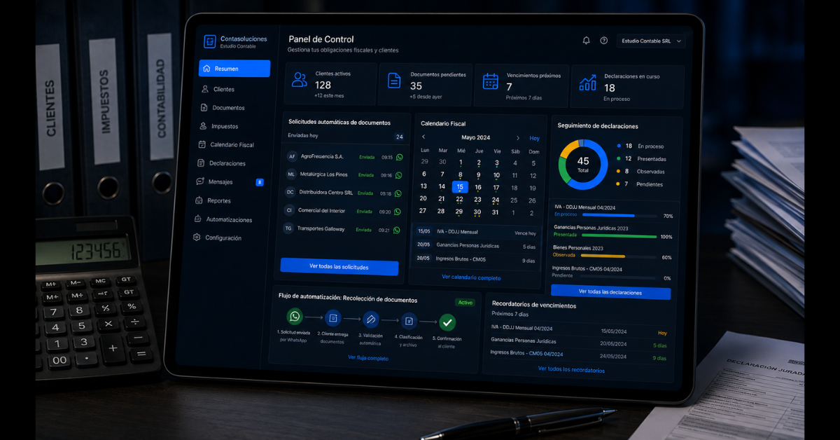 Contador o despacho contable con sistema automatizado de recolección de documentos de clientes, recordatorios de fechas fiscales y seguimiento de declaraciones en pantalla
