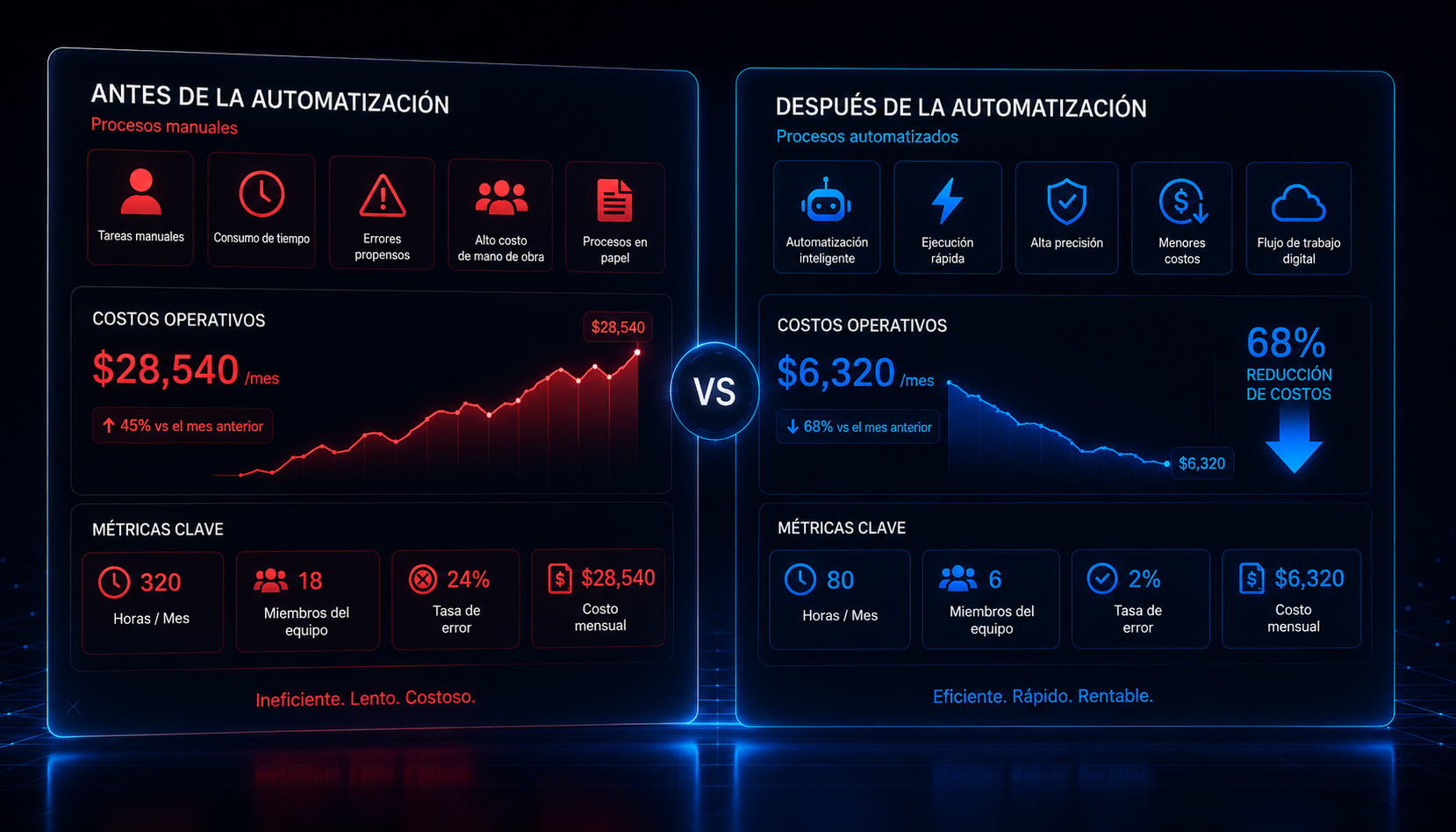 Gráfico comparativo de costos operativos antes y después de implementar automatización en una pequeña empresa, mostrando ahorro mensual significativo